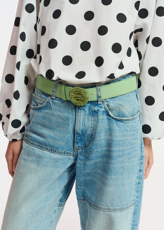 Light green belt with rhinestone-embellished buckle