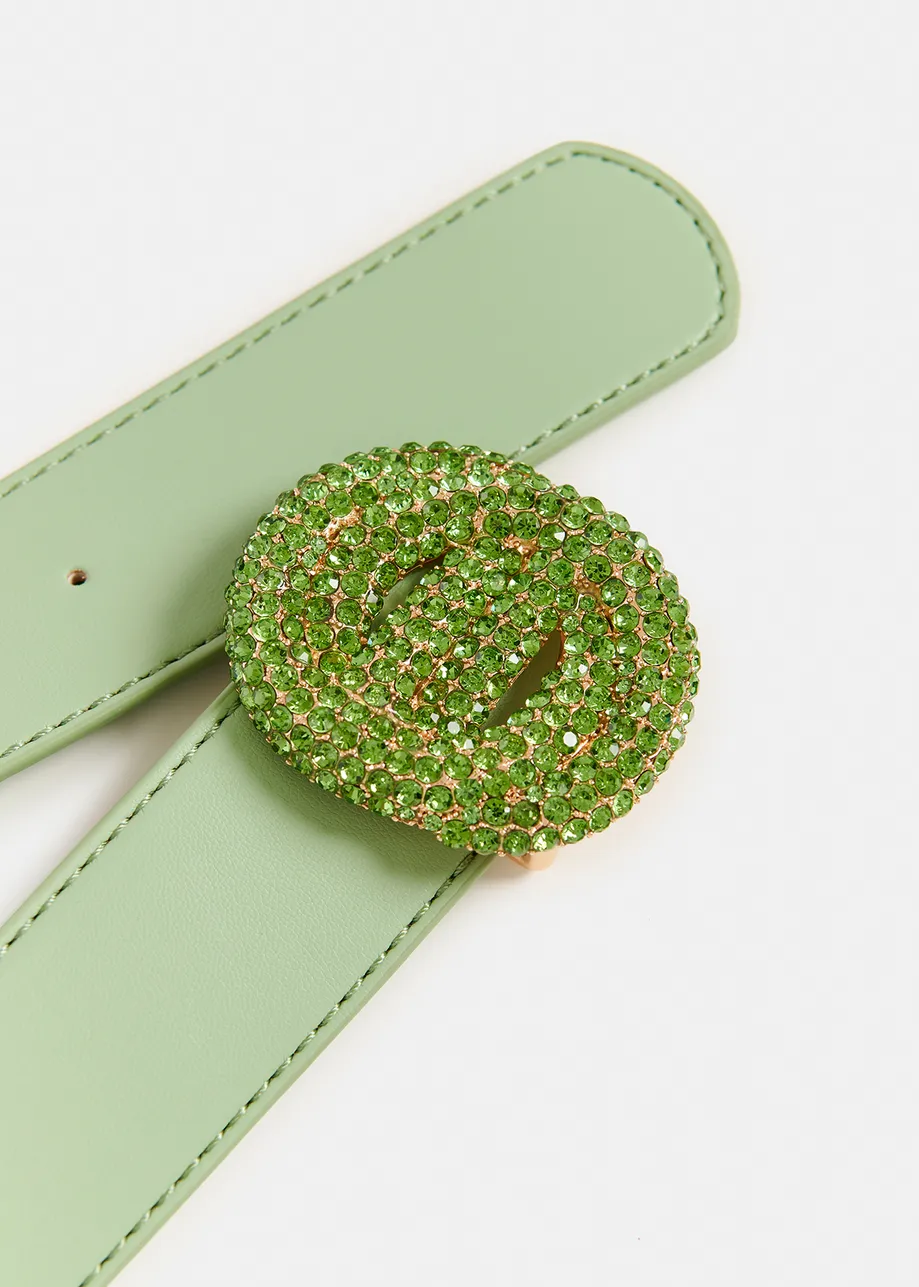 Light green belt with rhinestone-embellished buckle