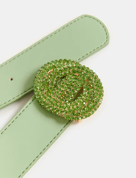 Light green belt with rhinestone-embellished buckle