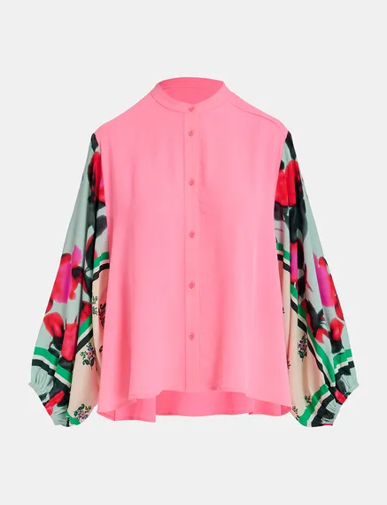 Neon pink shirt with printed sleeves