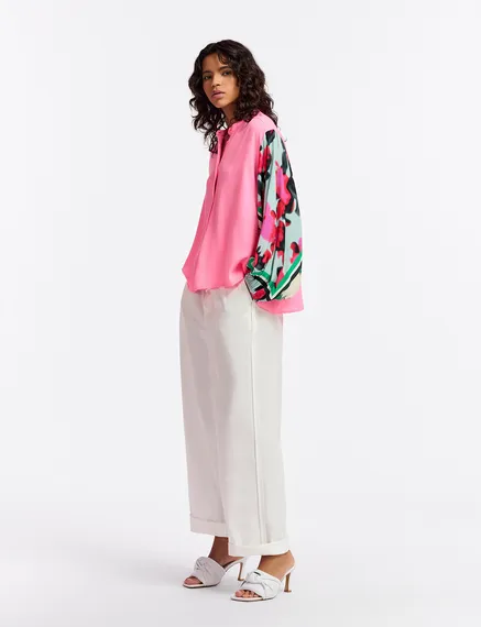 Neon pink shirt with printed sleeves