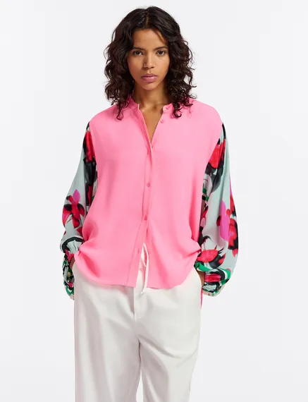 Neon pink shirt with printed sleeves