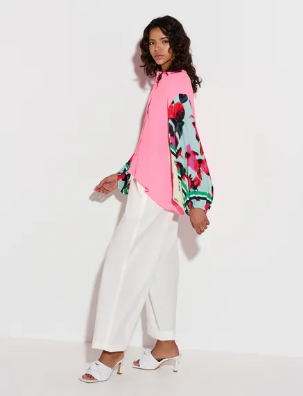 Neon pink shirt with printed sleeves