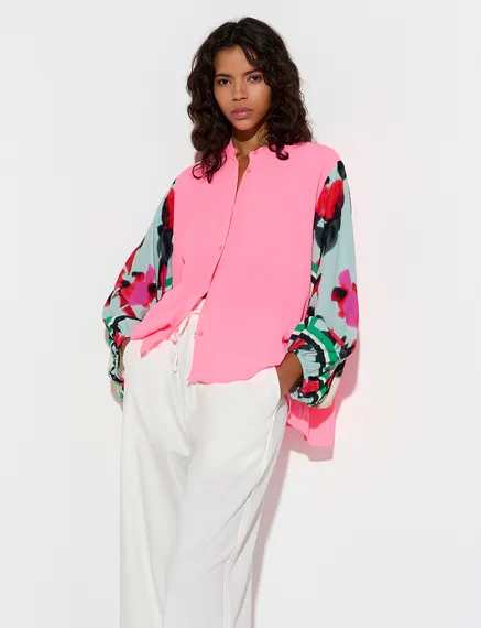 Neon pink shirt with printed sleeves