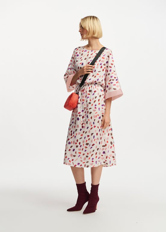 Off-white midi-length dress with multicolor print