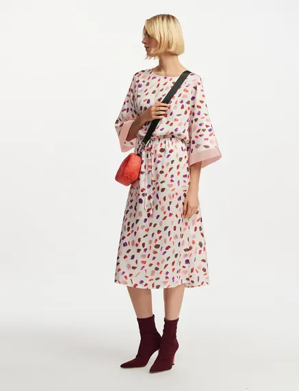 Off-white midi-length dress with multicolor print