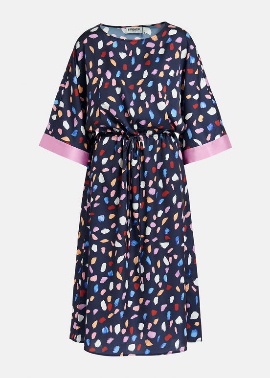 Navy blue midi-length dress with multicolor print