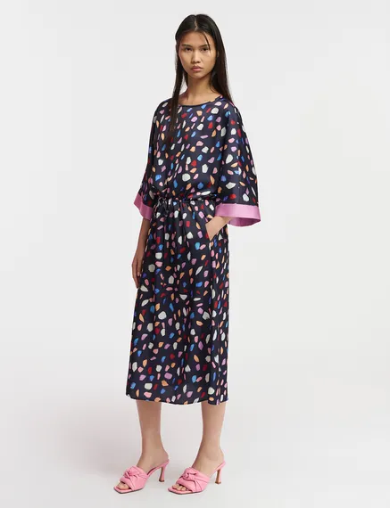 Navy blue midi-length dress with multicolor print