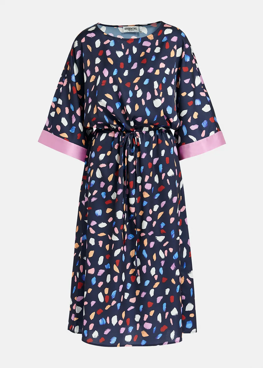 Navy blue midi-length dress with multicolor print