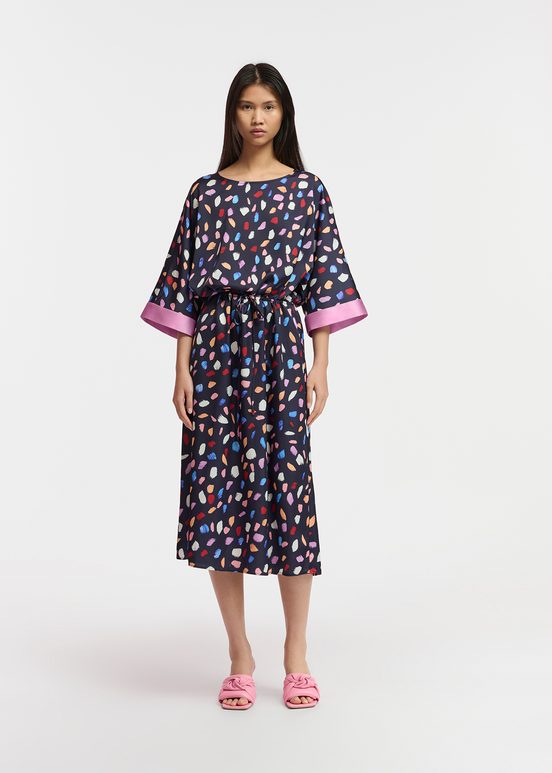 Navy blue midi-length dress with multicolor print