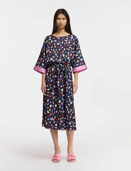 Navy blue midi-length dress with multicolor print