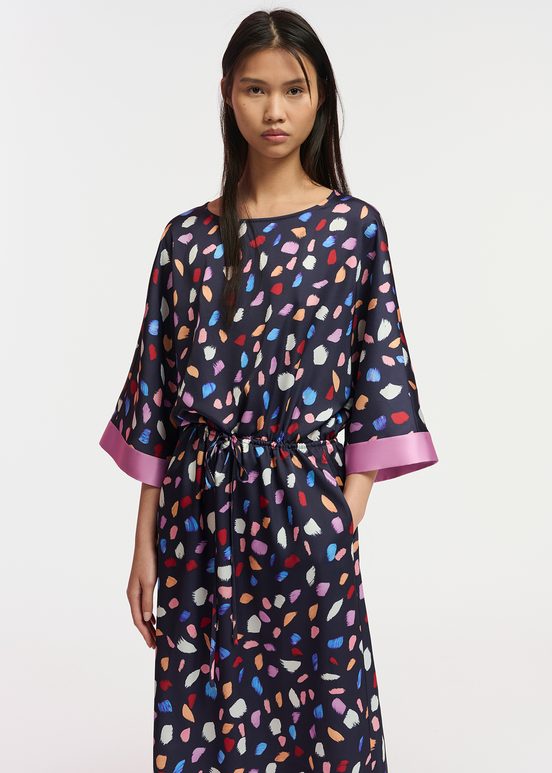 Navy blue midi-length dress with multicolor print