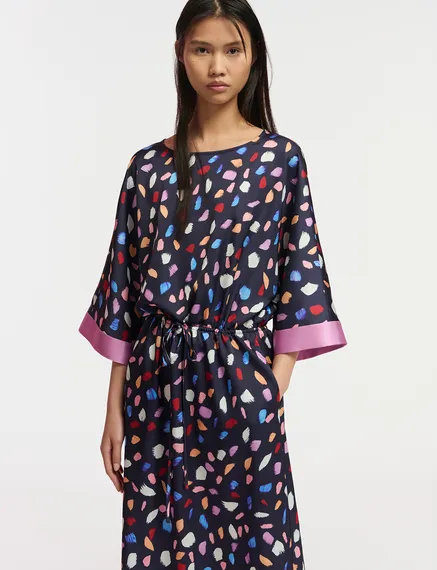 Navy blue midi-length dress with multicolor print