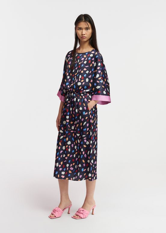 Navy blue midi-length dress with multicolor print