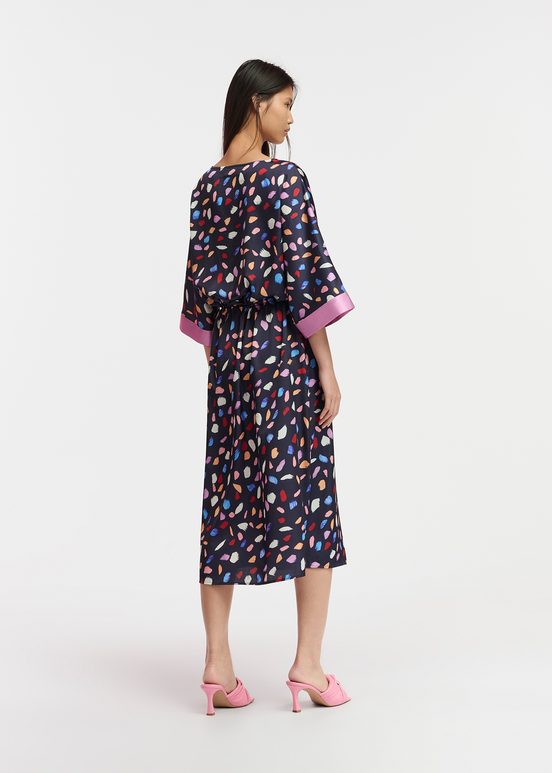 Navy blue midi-length dress with multicolor print