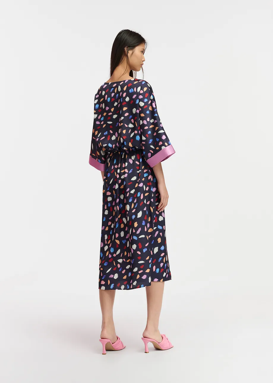 Navy blue midi-length dress with multicolor print