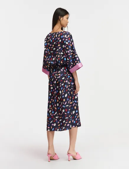 Navy blue midi-length dress with multicolor print