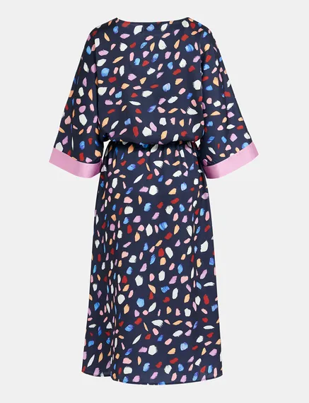 Navy blue midi-length dress with multicolor print