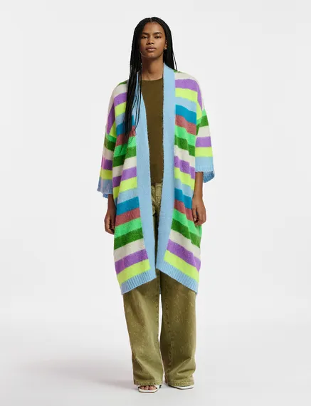 Cardigan mi-long à rayures multicolores