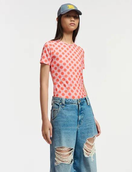 Light pink and orange polka-dotted T-shirt