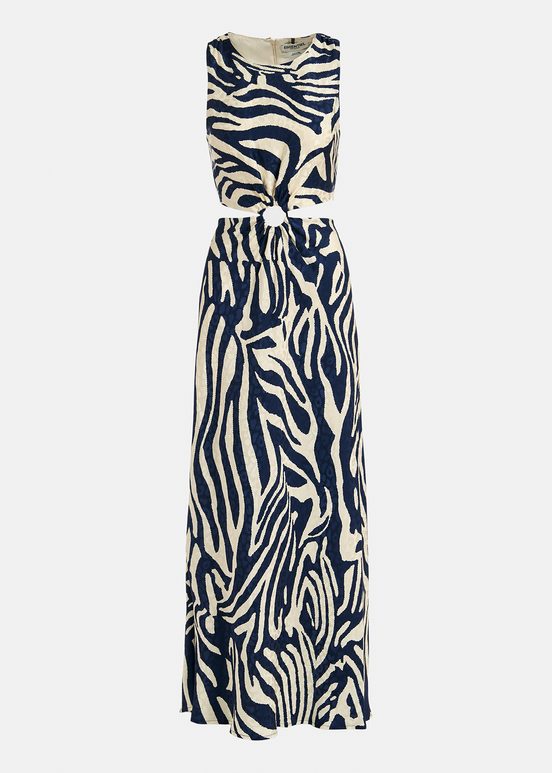 Navy blue and off-white maxi-length dress with zebra print