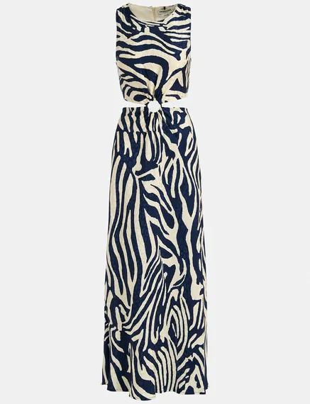 Navy blue and off-white maxi-length dress with zebra print