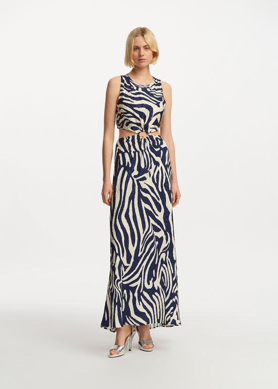 Navy blue and off-white maxi-length dress with zebra print