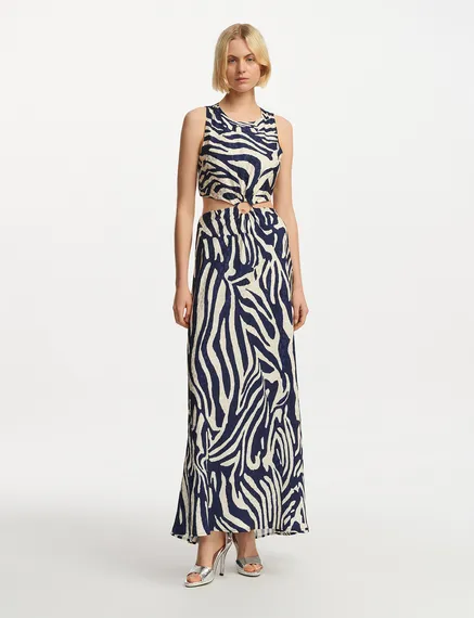 Navy blue and off-white maxi-length dress with zebra print