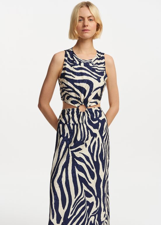 Navy blue and off-white maxi-length dress with zebra print