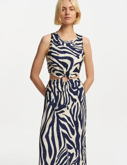 Navy blue and off-white maxi-length dress with zebra print