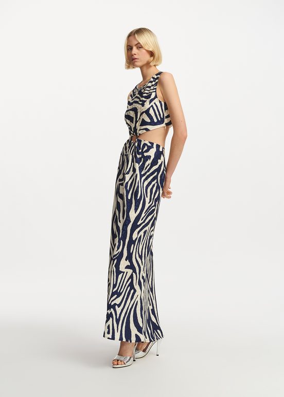 Navy blue and off-white maxi-length dress with zebra print