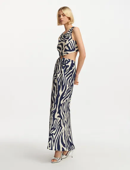 Navy blue and off-white maxi-length dress with zebra print