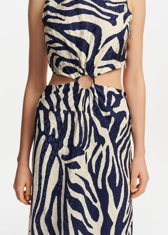 Navy blue and off-white maxi-length dress with zebra print