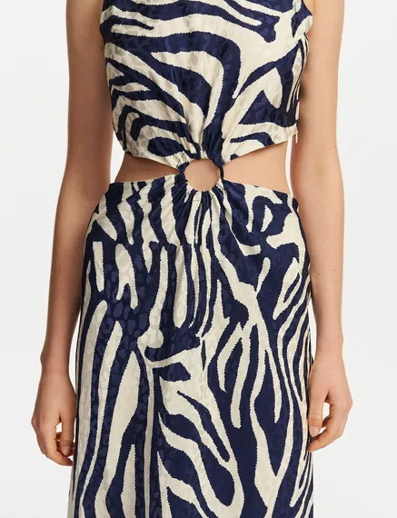 Navy blue and off-white maxi-length dress with zebra print