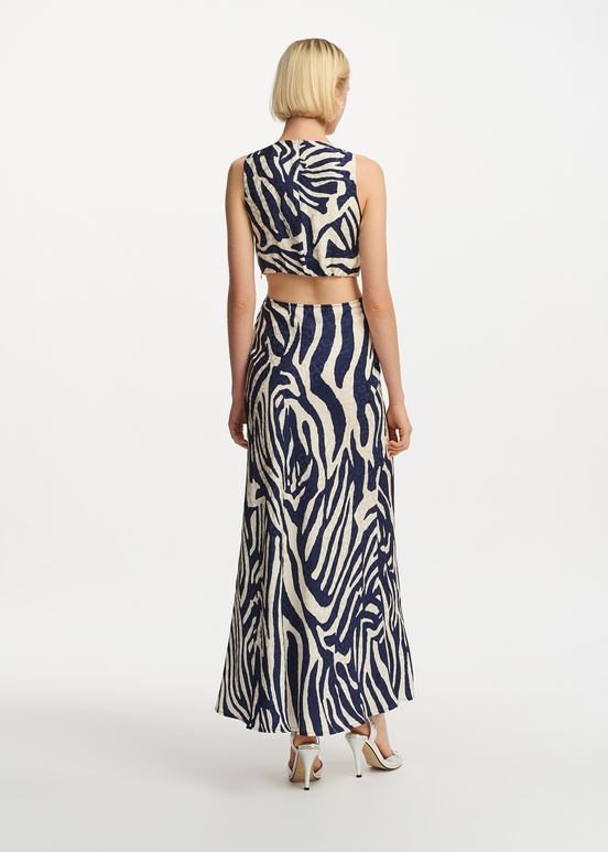 Navy blue and off-white maxi-length dress with zebra print