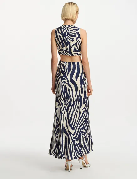 Navy blue and off-white maxi-length dress with zebra print