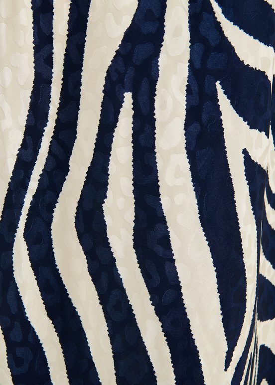 Navy blue and off-white maxi-length dress with zebra print