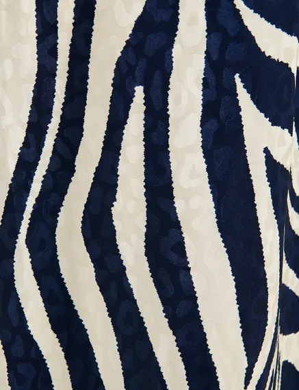 Navy blue and off-white maxi-length dress with zebra print