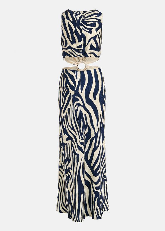 Navy blue and off-white maxi-length dress with zebra print