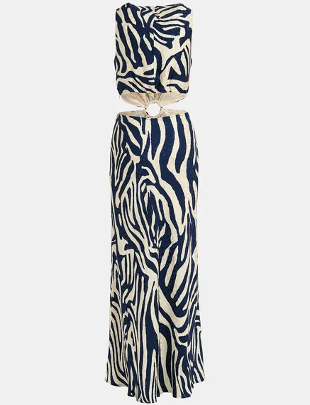 Navy blue and off-white maxi-length dress with zebra print