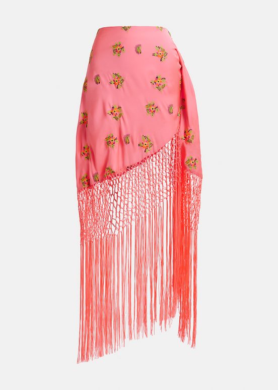 Peach embroidered front-tie mini skirt with fringes