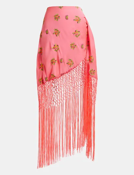 Peach embroidered front-tie mini skirt with fringes