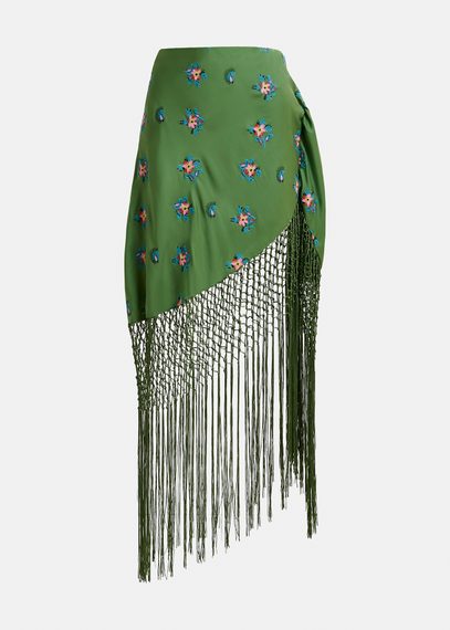 Dark green embroidered front-tie mini skirt with fringes