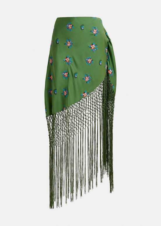 Dark green embroidered front-tie mini skirt with fringes