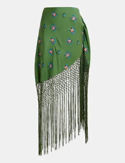 Dark green embroidered front-tie mini skirt with fringes