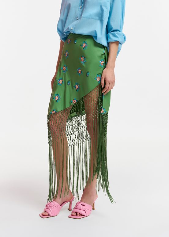 Dark green embroidered front-tie mini skirt with fringes