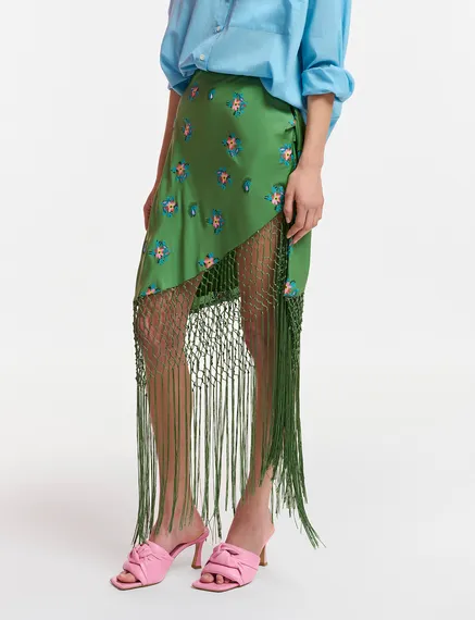 Dark green embroidered front-tie mini skirt with fringes