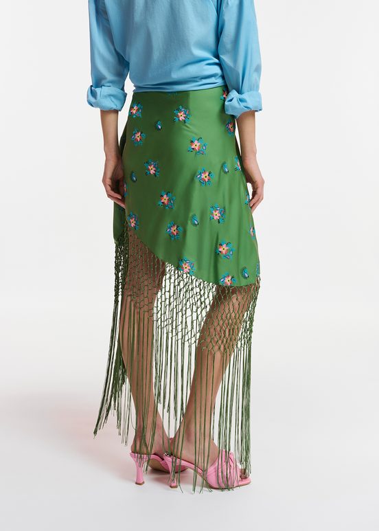 Dark green embroidered front-tie mini skirt with fringes