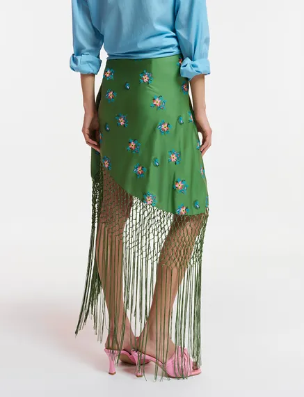 Dark green embroidered front-tie mini skirt with fringes