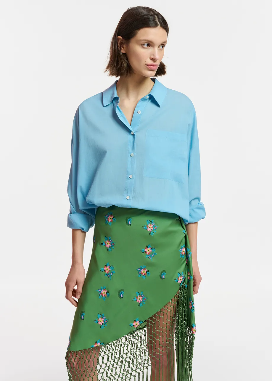 Dark green embroidered front-tie mini skirt with fringes